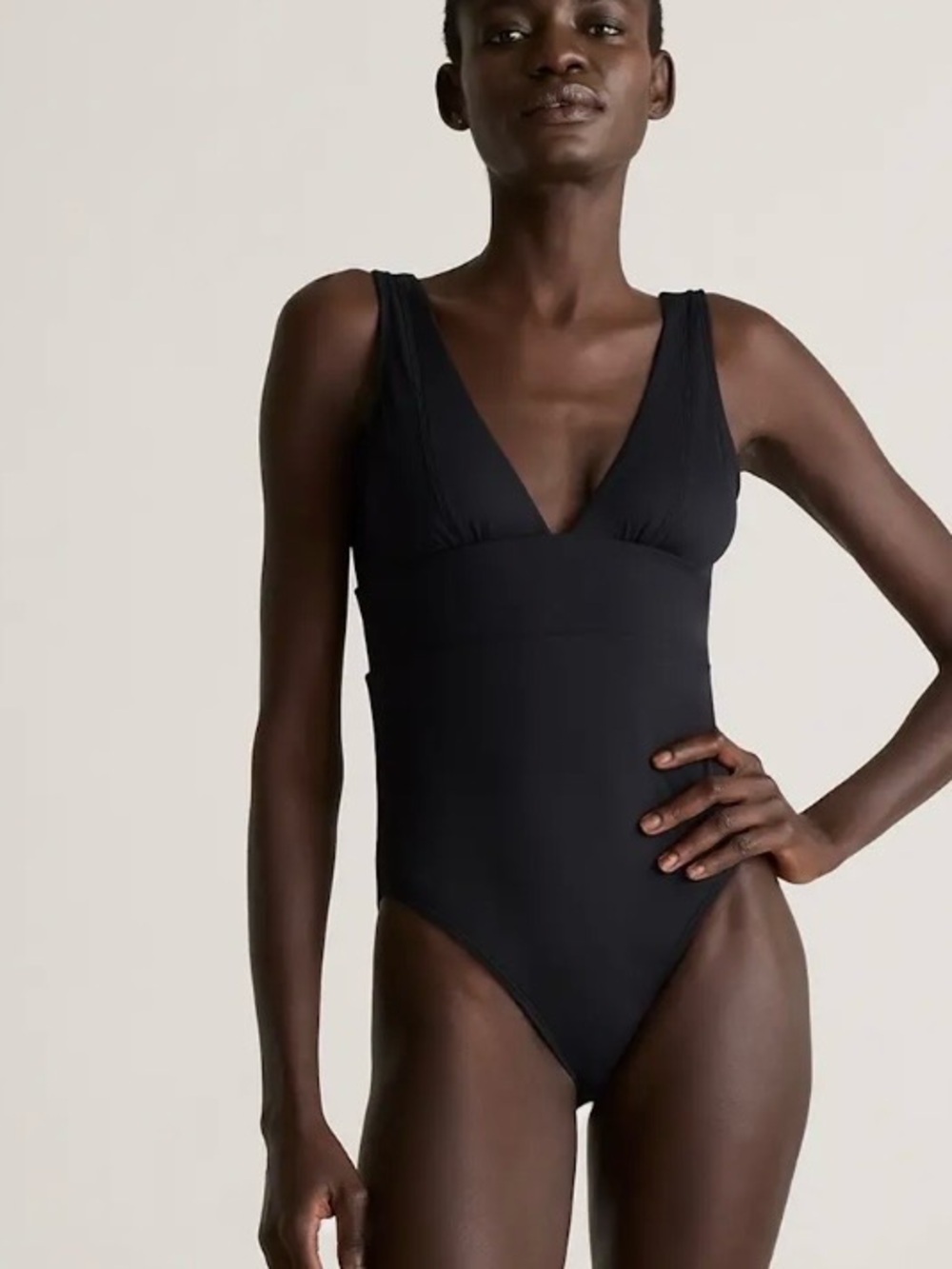 Quince Italian plunge Ribbed   Black V-Neck One-Piece Swimsuit Large NWT